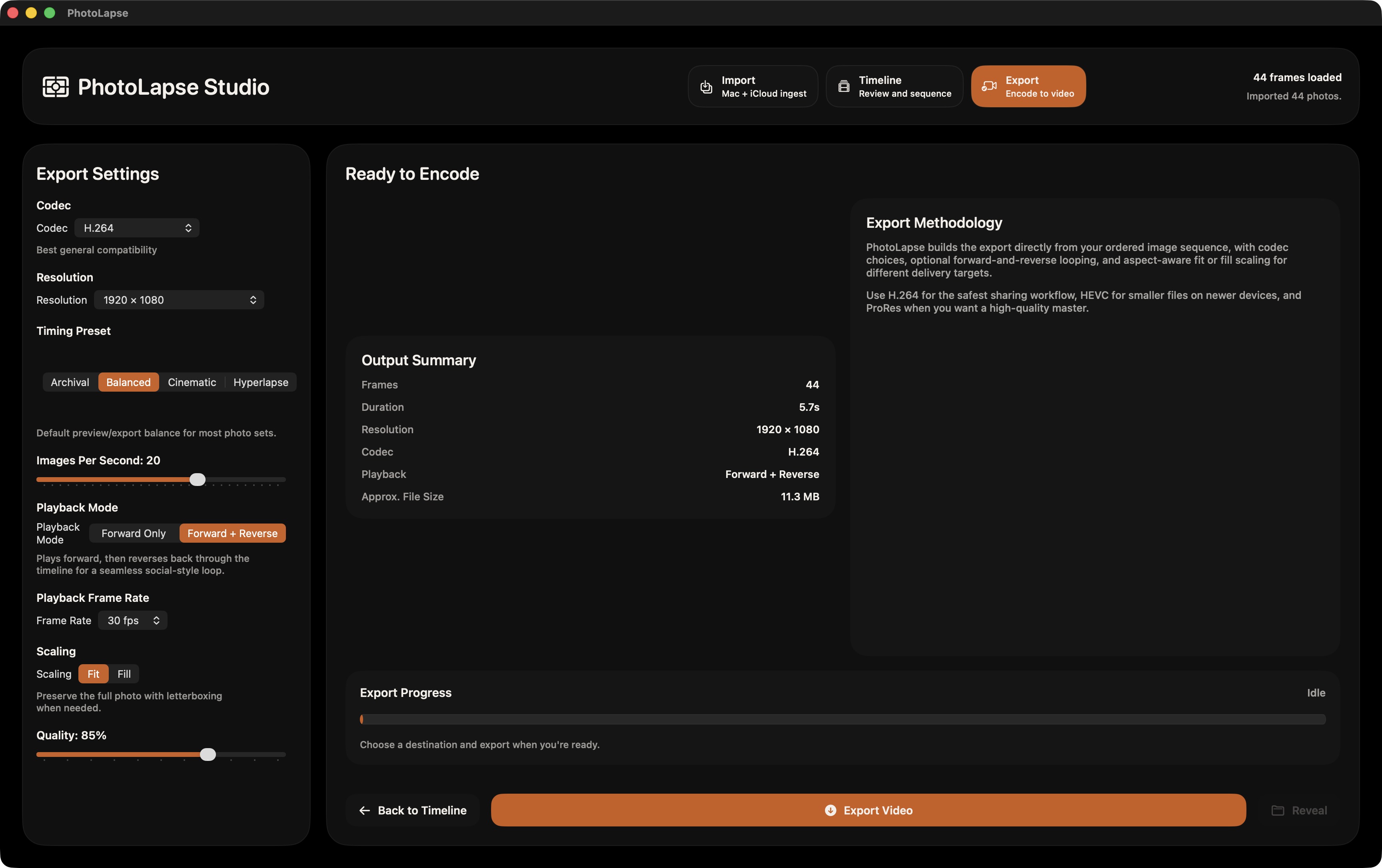 PhotoLapse export settings